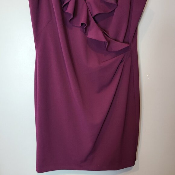 Lauren Ralph Lauren Sheath Dress Sz 16 Ruffle Front V Neck Purple Stretch Ruched - Picture 2 of 9